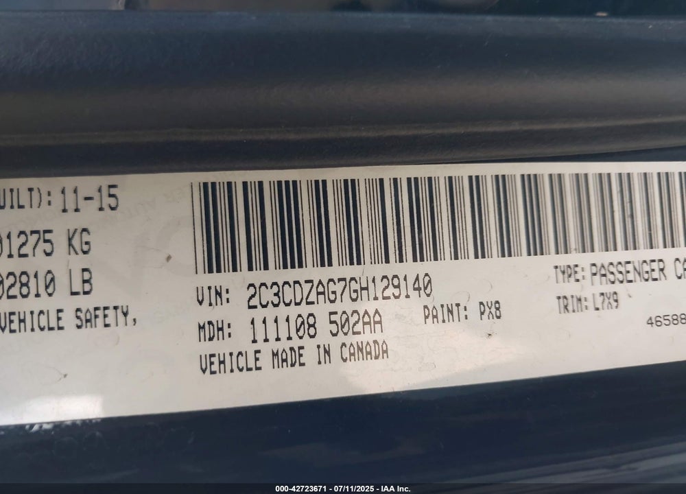 2016 DODGE CHALLENGER VIN: 2C3CDZAG7GH129140