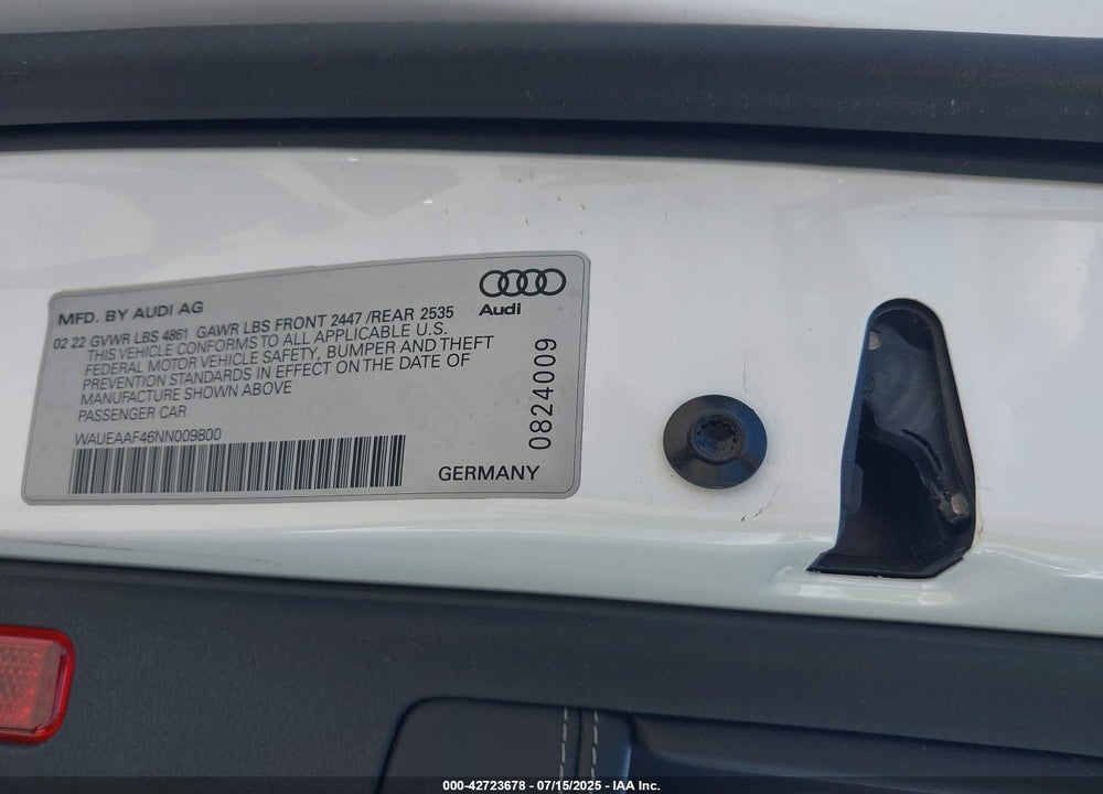 2022 AUDI A4 VIN: WAUEAAF46NN009800