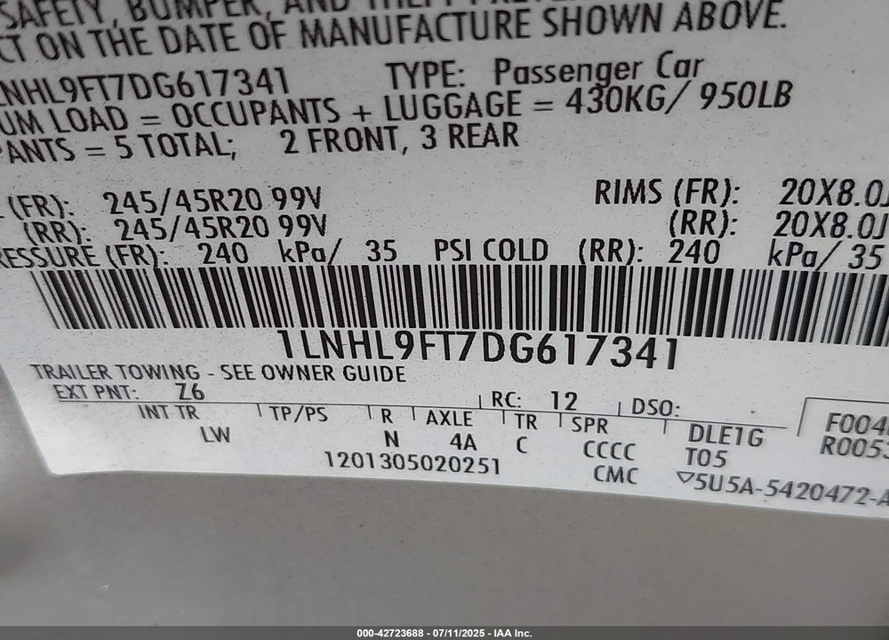 2013 LINCOLN MKS VIN: 1LNHL9FT7DG617341