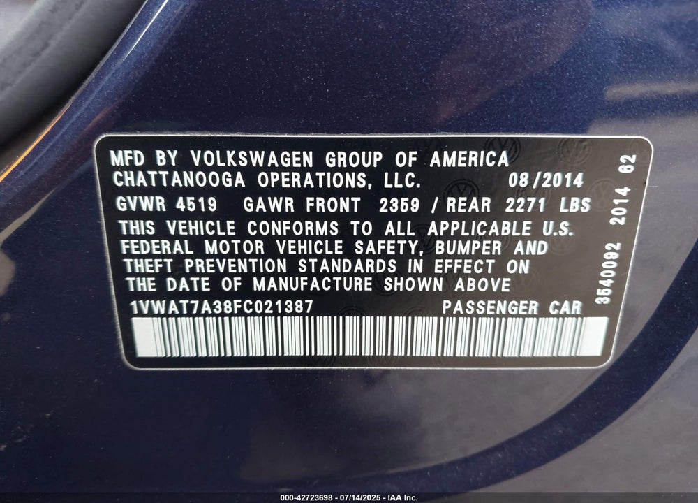 2015 VOLKSWAGEN PASSAT VIN: 1VWAT7A38FC021387