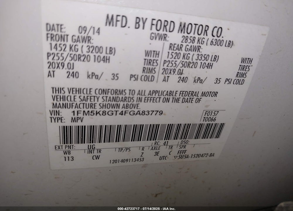 2015 FORD EXPLORER VIN: 1FM5K8GT4FGA83779