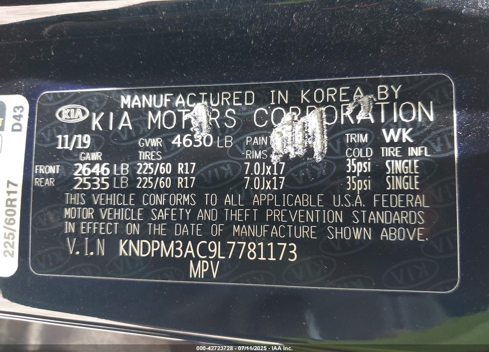 2020 KIA SPORTAGE LX VIN: KNDPM3AC9L7781173