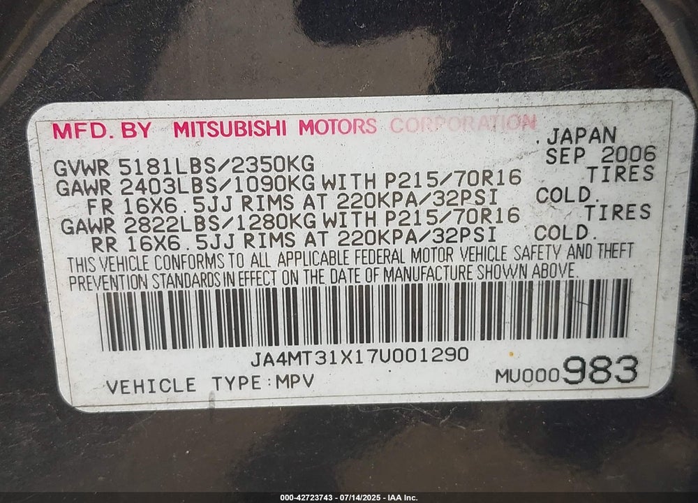 2007 MITSUBISHI OUTLANDER LS VIN: JA4MT31X17U001290