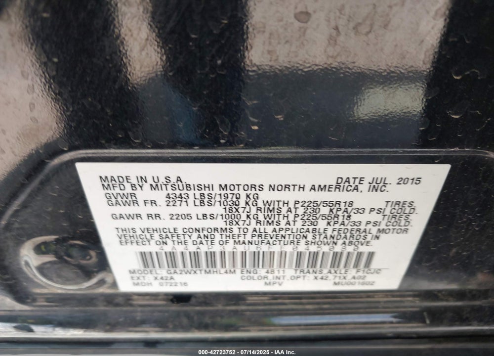 2015 MITSUBISHI OUTLANDER SPORT VIN: 4A4AP3AU6FE045080