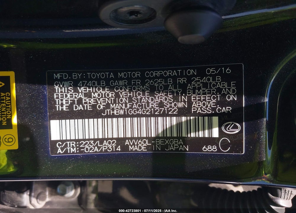 2016 LEXUS ES300H VIN: JTHBW1GG4G2127122