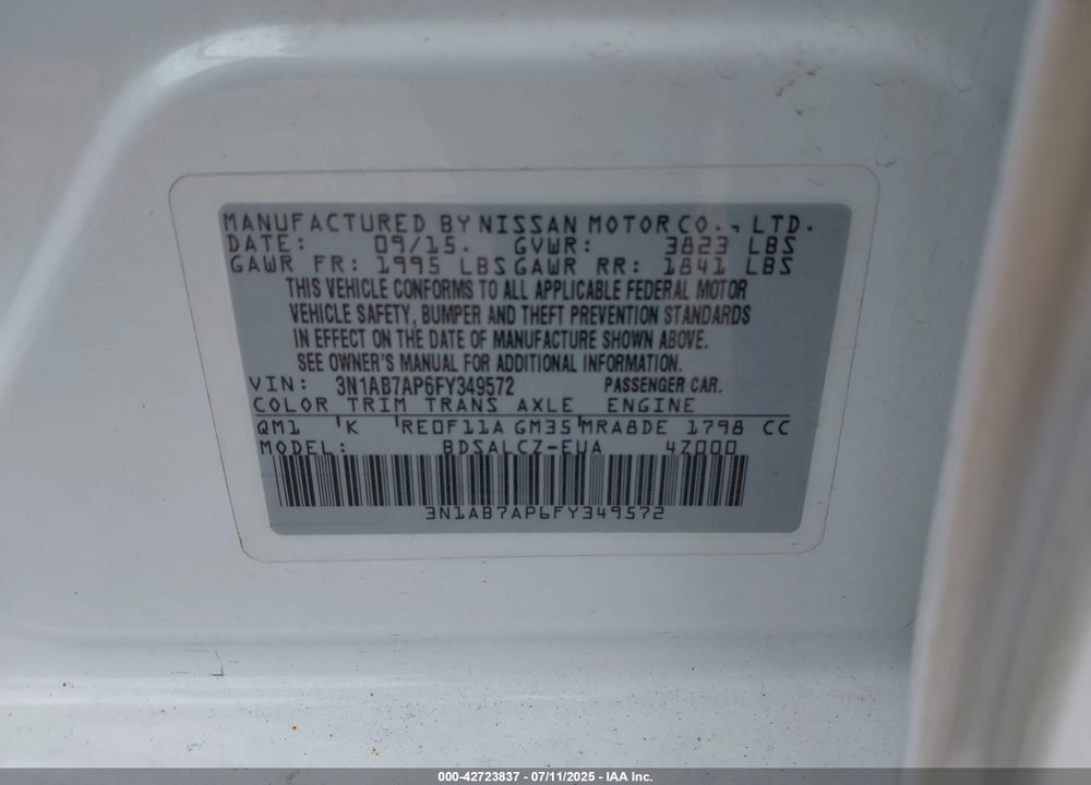 2015 NISSAN SENTRA VIN: 3N1AB7AP6FY349572
