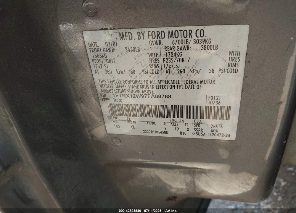2007 FORD F-150 VIN: 1FTRX12W97FA88788