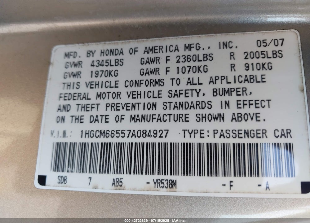 2007 HONDA ACCORD VIN: 1HGCM66557A084927