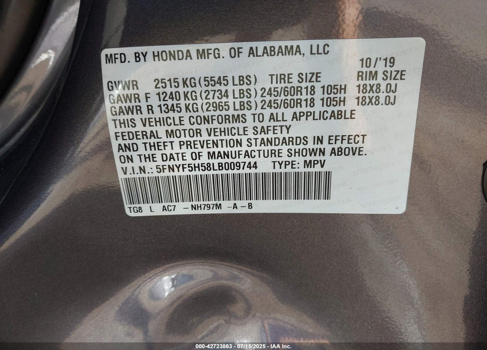 2020 HONDA PILOT VIN: 5FNYF5H58LB009744