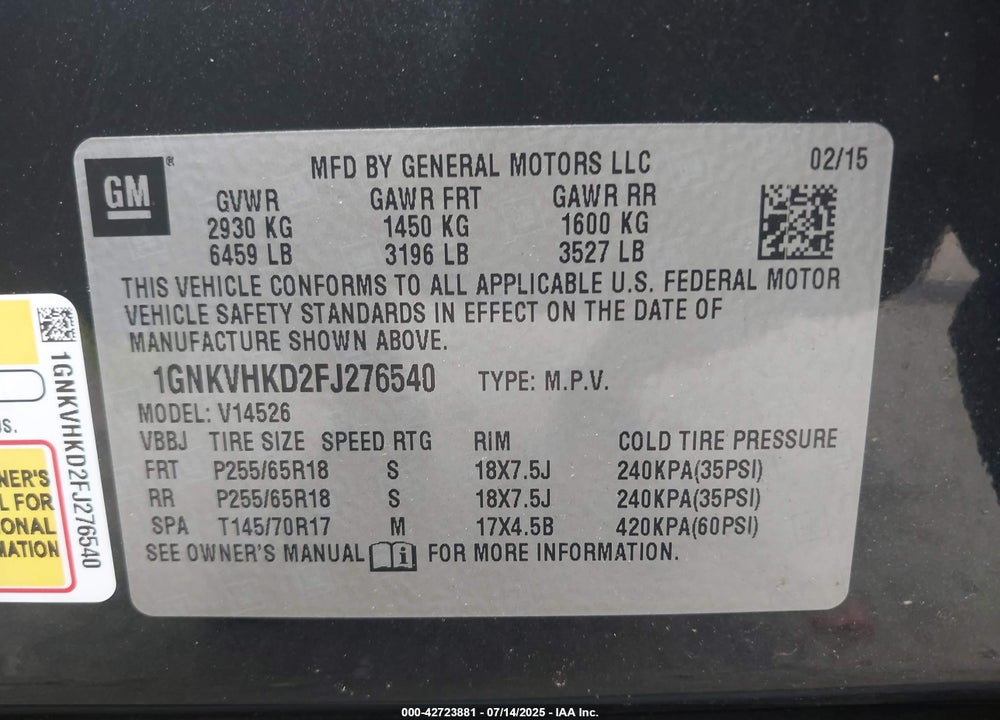 2015 CHEVROLET TRAVERSE VIN: 1GNKVHKD2FJ276540