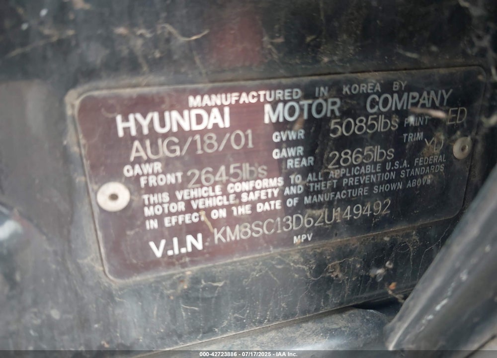 2002 HYUNDAI SANTA FE GLS/LX VIN: KM8SC13D62U149492