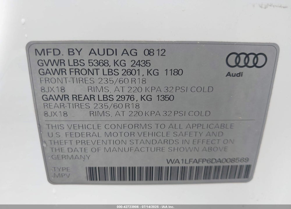 2013 AUDI Q5 VIN: WA1LFAFP6DA008569