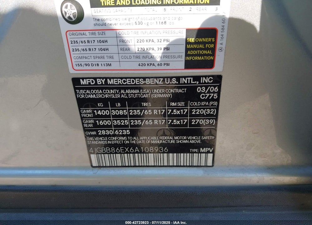 2006 MERCEDES-BENZ ML 350 VIN: 4JGBB86EX6A108936