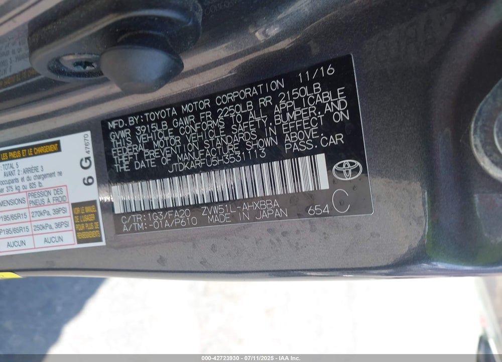 2017 TOYOTA PRIUS VIN: JTDKARFU5H3531113