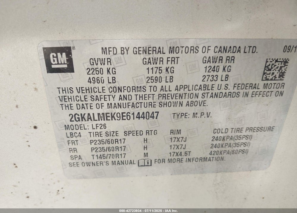 2014 GMC TERRAIN VIN: 2GKALMEK9E6144047