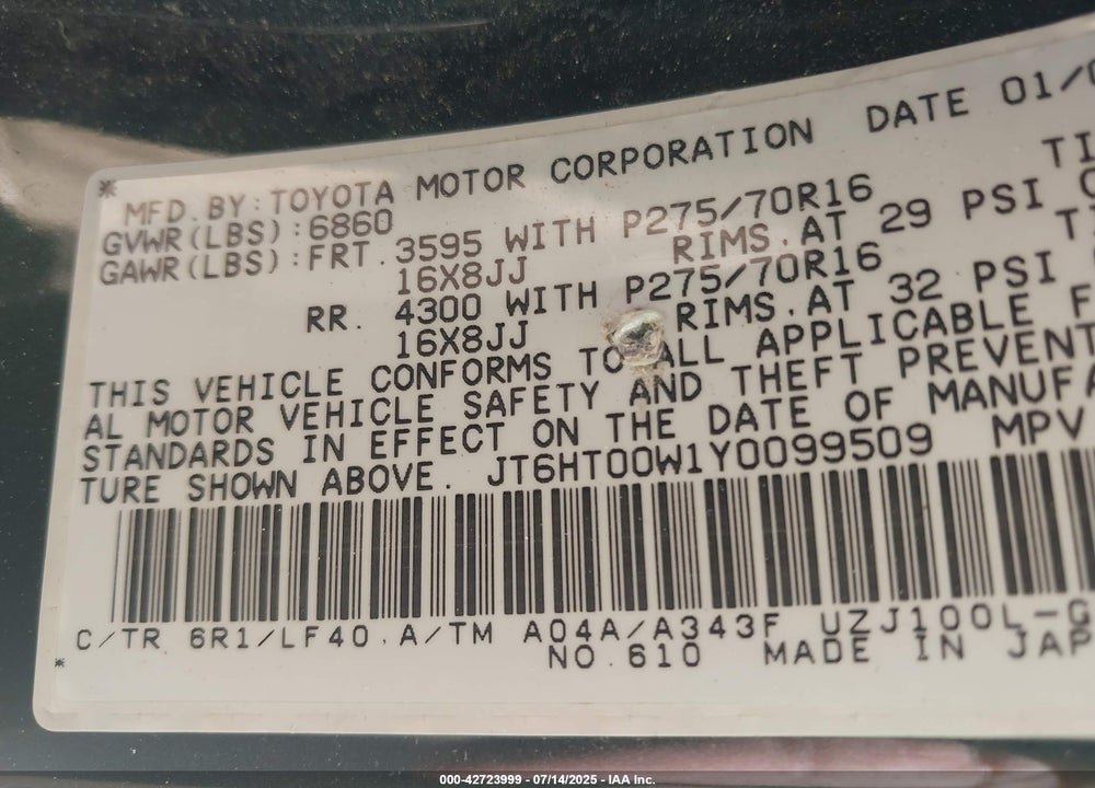 2000 LEXUS LX 470 VIN: JT6HT00W1Y0099509
