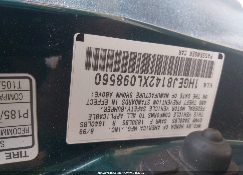 1999 HONDA CIVIC EX VIN: 1HGEJ8142XL098560