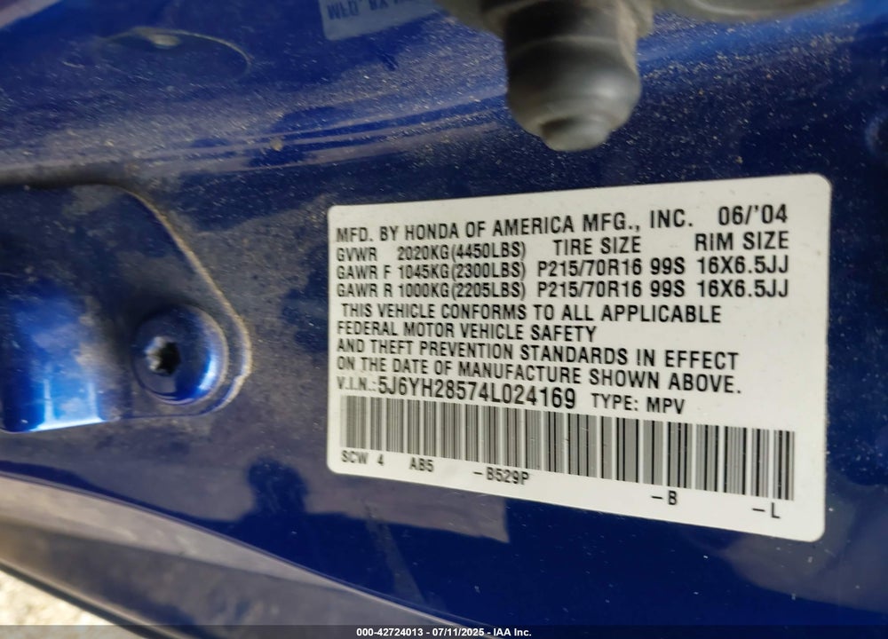2004 HONDA ELEMENT EX VIN: 5J6YH28574L024169