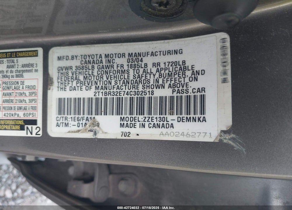 2004 TOYOTA COROLLA VIN: 2T1BR32E74C302518