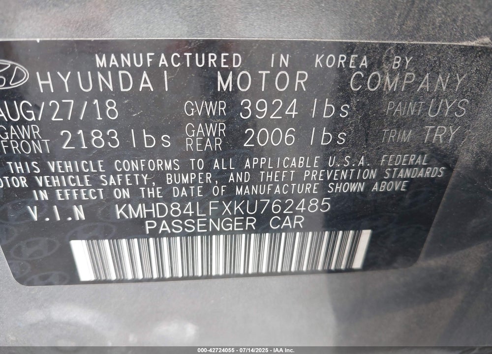 2019 HYUNDAI ELANTRA VIN: KMHD84LFXKU762485