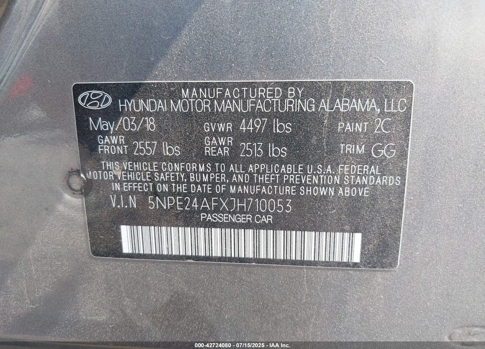 2018 HYUNDAI SONATA VIN: 5NPE24AFXJH710053