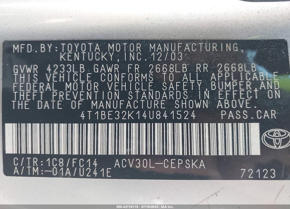 2004 TOYOTA CAMRY SE VIN: 4T1BE32K14U841524