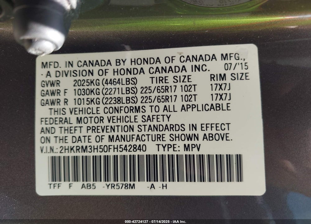 2015 HONDA CR-V VIN: 2HKRM3H50FH542840