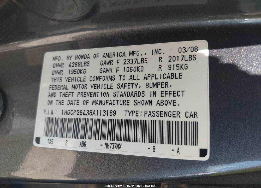 2008 HONDA ACCORD VIN: 1HGCP26438A113169