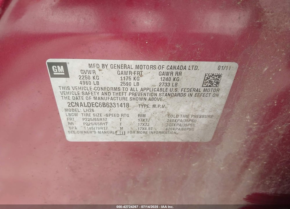 2011 CHEVROLET EQUINOX VIN: 2CNALDEC6B6331418