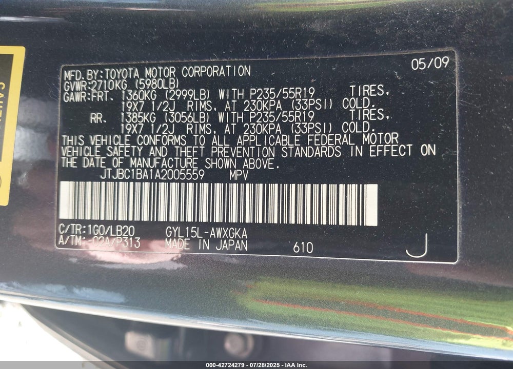 2010 LEXUS RX 450H VIN: JTJBC1BA1A2005559