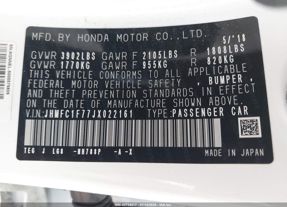 2018 HONDA CIVIC EX-L VIN: JHMFC1F77JX022161