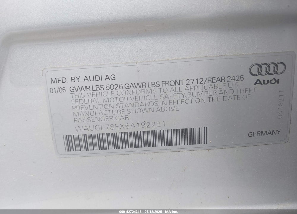 2006 AUDI S4 VIN: WAUGL78EX6A192221