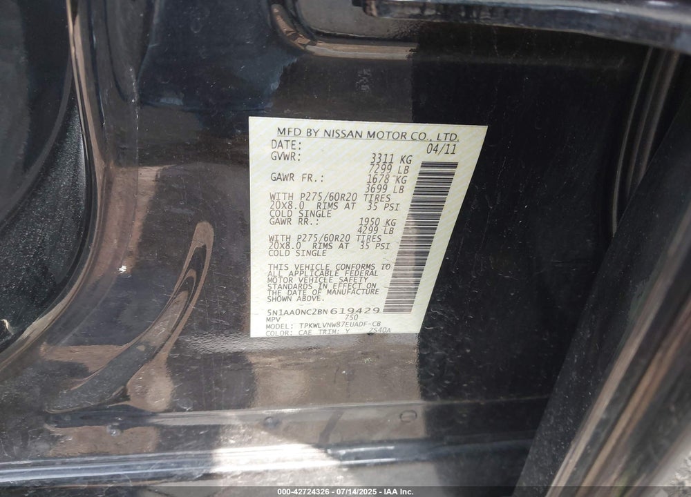 2011 NISSAN ARMADA VIN: 5N1AA0NC2BN619429
