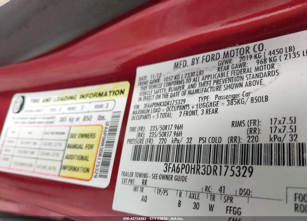2013 FORD FUSION VIN: 3FA6P0HR3DR175329