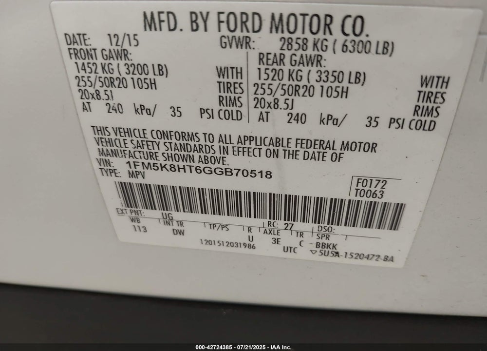2016 FORD EXPLORER VIN: 1FM5K8HT6GGB70518