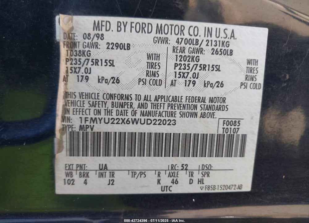 1998 FORD EXPLORER SPORT VIN: 1FMYU22X6WUD22023