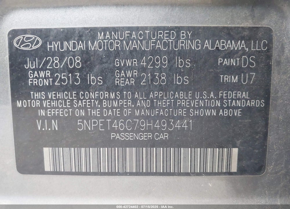 2009 HYUNDAI SONATA GLS VIN: 5NPET46C79H493441