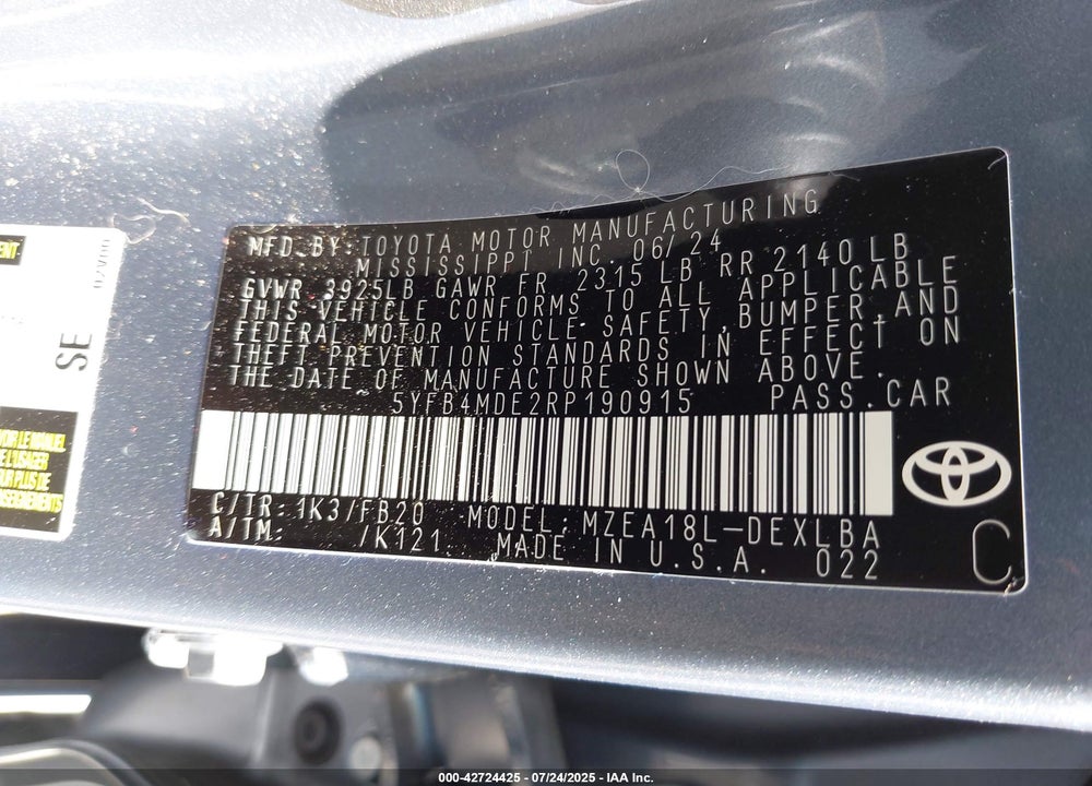 2024 TOYOTA COROLLA VIN: 5YFB4MDE2RP190915