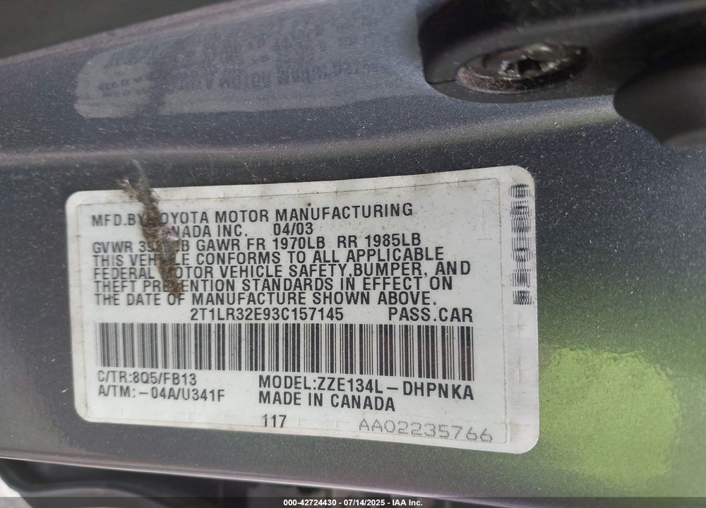 2003 TOYOTA MATRIX VIN: 2T1LR32E93C157145