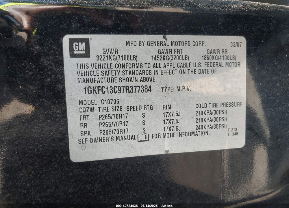 2007 GMC YUKON VIN: 1GKFC13C97R377384