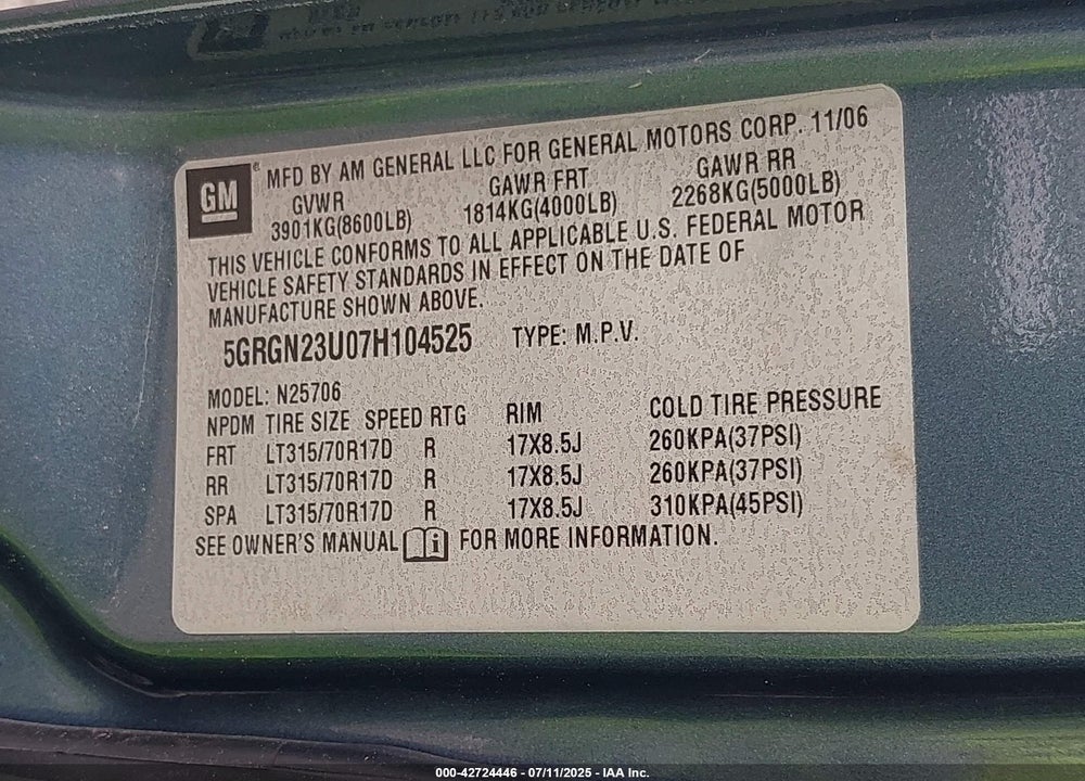 2007 HUMMER H2 VIN: 5GRGN23U07H104525