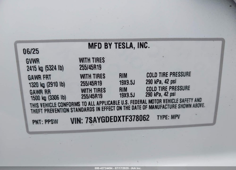 2026 TESLA MODEL Y LONG RANGE DUAL MOTOR ALL-WHEEL DRIVE VIN: 7SAYGDEDXTF378062