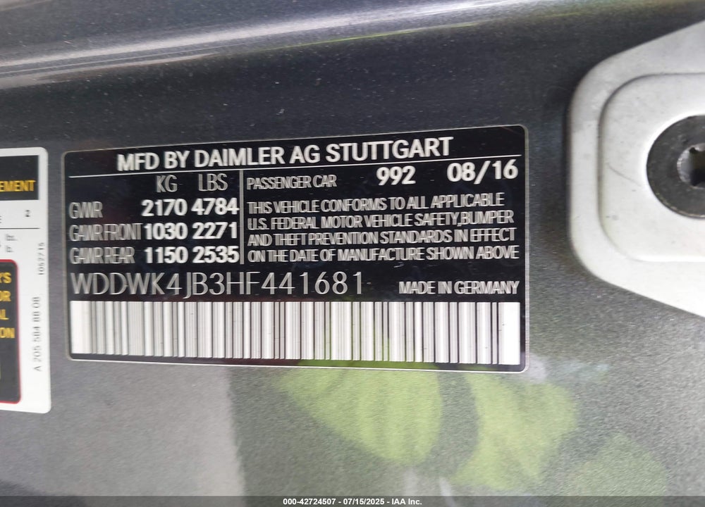 2017 MERCEDES-BENZ C CLASS VIN: WDDWK4JB3HF441681