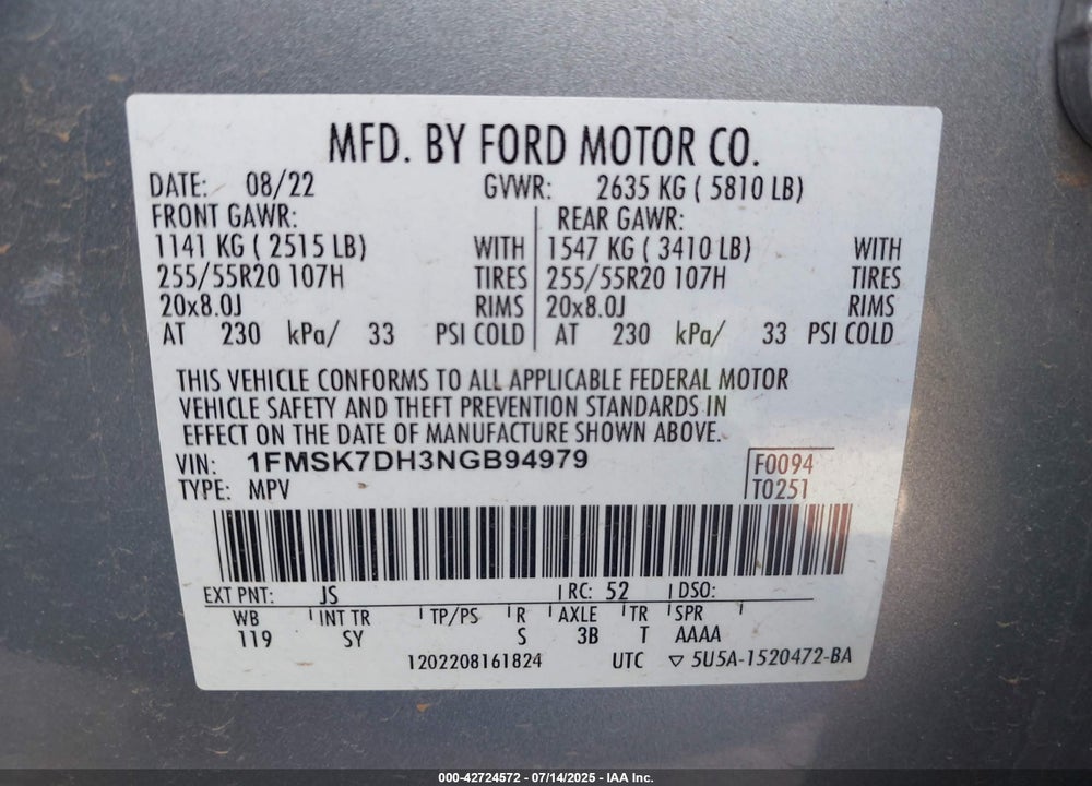 2022 FORD EXPLORER VIN: 1FMSK7DH3NGB94979