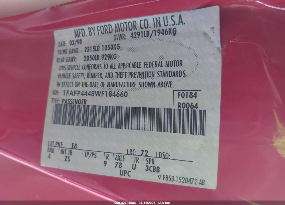 1998 FORD MUSTANG VIN: 1FAFP4448WF184660