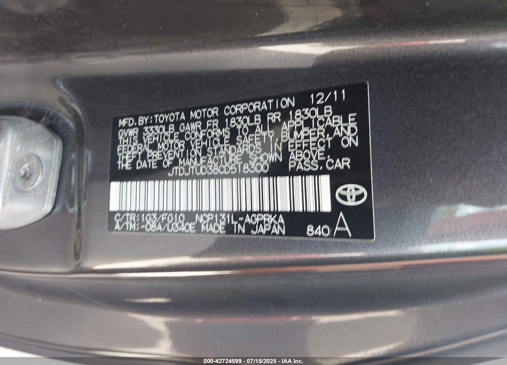 2012 TOYOTA YARIS VIN: JTDJTUD38CD518300