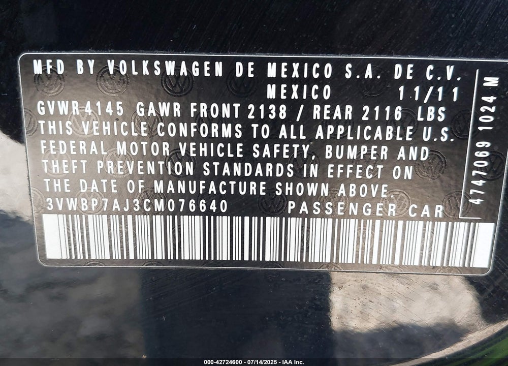 2012 VOLKSWAGEN JETTA VIN: 3VWBP7AJ3CM076640