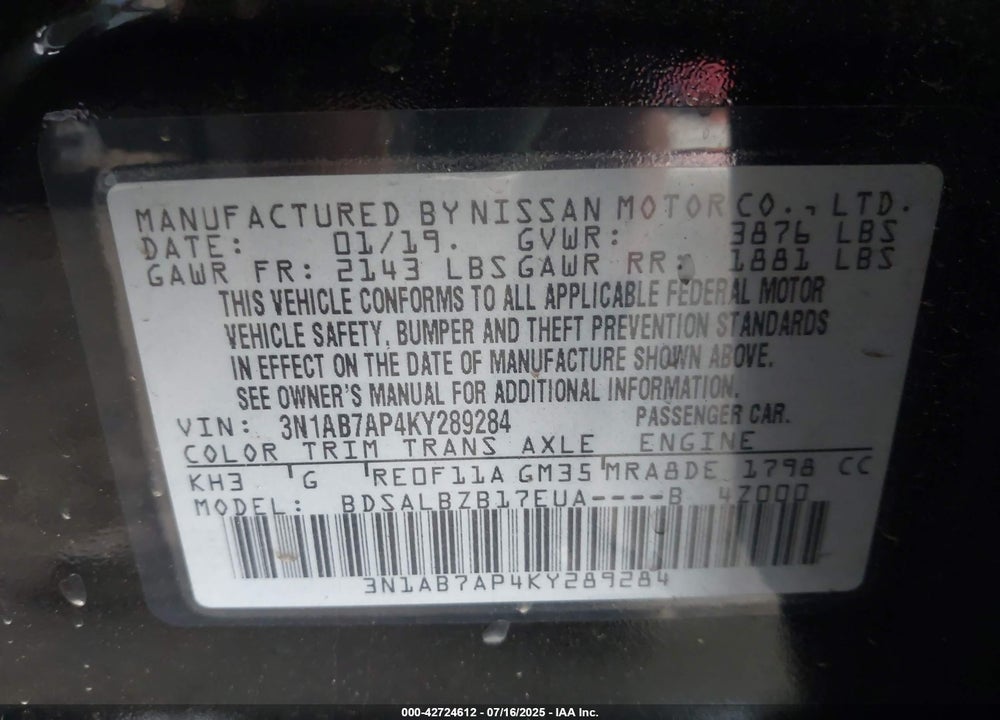 2019 NISSAN SENTRA VIN: 3N1AB7AP4KY289284