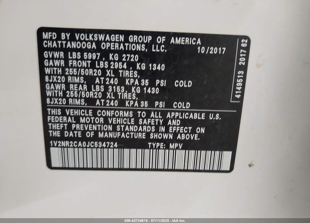 2018 VOLKSWAGEN ATLAS VIN: 1V2NR2CA0JC534724