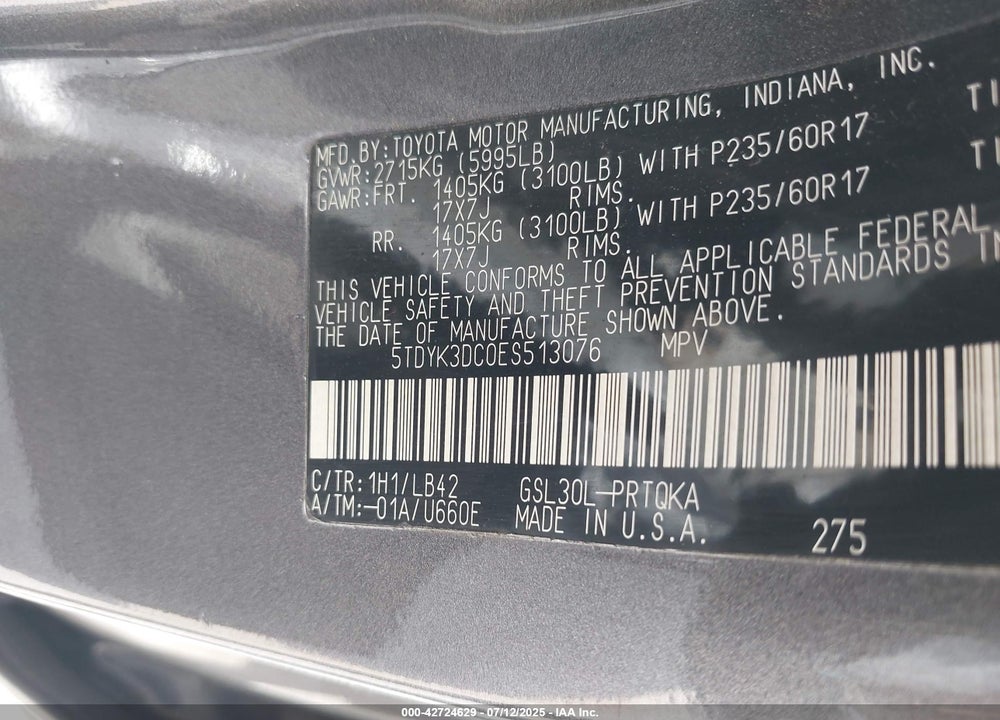 2014 TOYOTA SIENNA VIN: 5TDYK3DC0ES513076